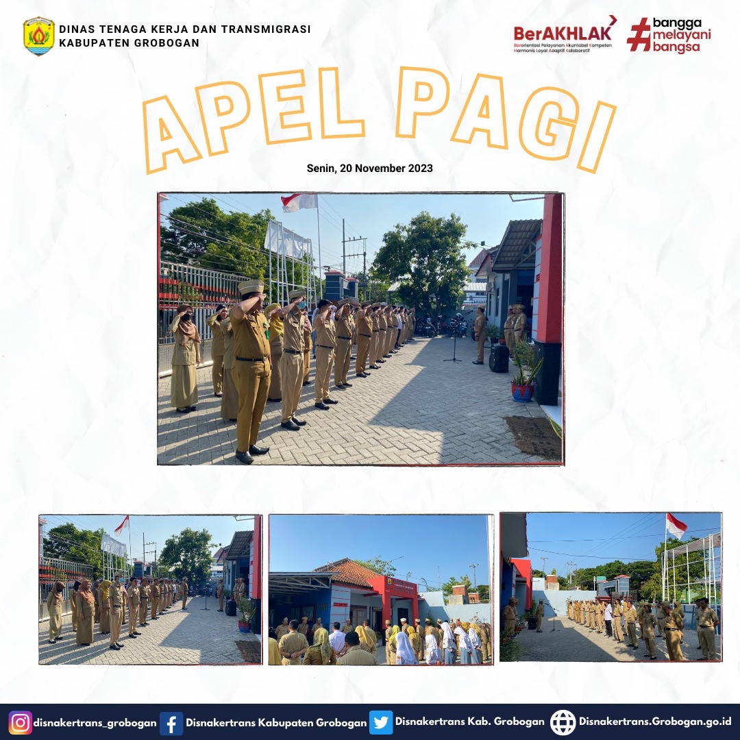 DisnakertranGro's tweet photo. Senin, 20/11/2023 ;- Apel Pagi di lingkungan Disnakertrans. 

#sumarnigrobogan #bambangpujiyantodr #anangarmunanto #teguhharjokusumo #disnakertransgrobogan https://t.co/MbnNd5ZDO9