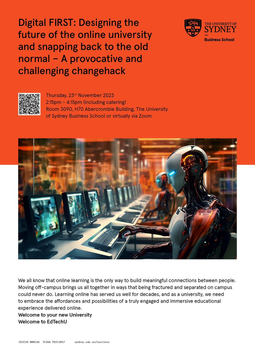 DIBE_USYD's tweet photo. Welcoming #academics to attend our workshop on #changehack methodology with @daveowhite & @PeterBryantHE for student success in an era of #AI and moving from learning online to face-to-face
🗓️Thursday 23rd November
🕐2:15 - 4:15 pm
📍@sydney_business
Read our flyer to register: https://t.co/Kmg8K2recz