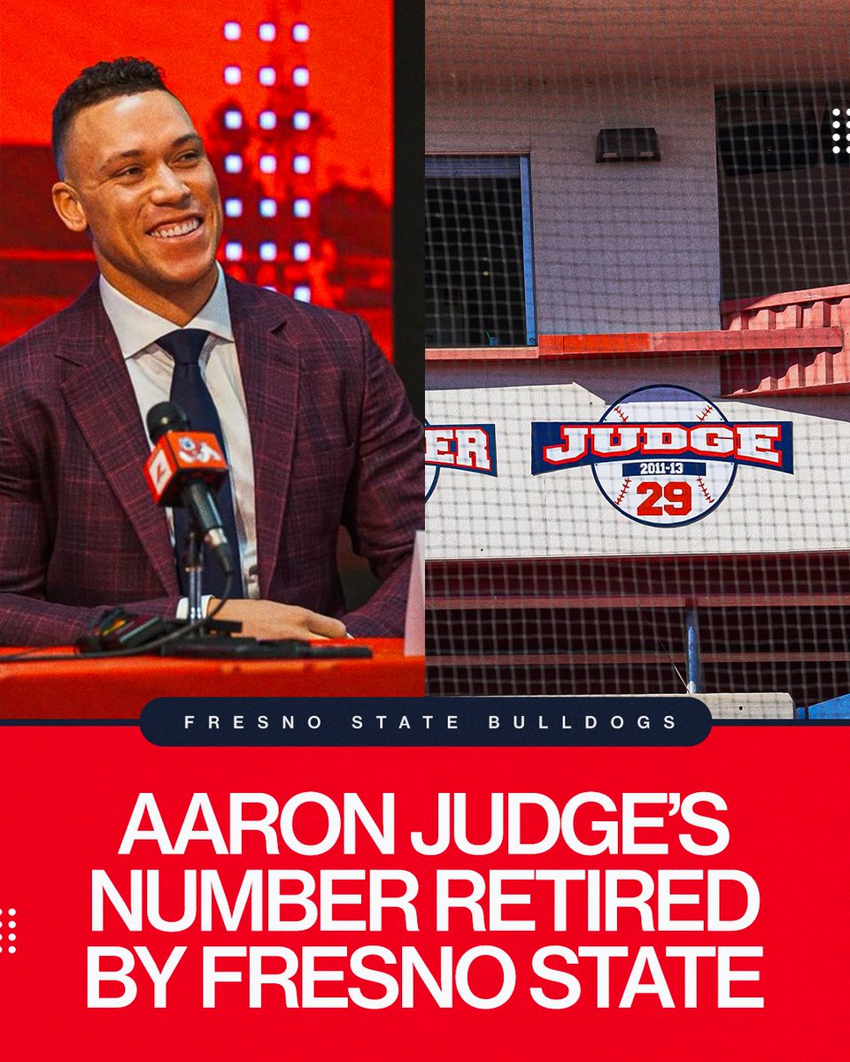 Aaron Judge, BMOC.

Judge's alma mater, Fresno State, officially retired his No. 29.   

📸: <a href="/FSAthletics/">Fresno State Bulldogs</a>