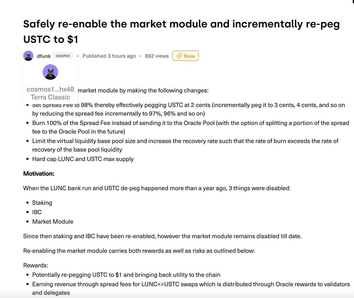 The new agenda in the Terra Classic community is the proposal to gradually stabilize #USTC and increase it to $1.

💠According to the proposal, in the first stage, $USTC will be fixed to 2 cents and the bond (market module) between USTC and #LUNC will be activated.

1/3 🧵