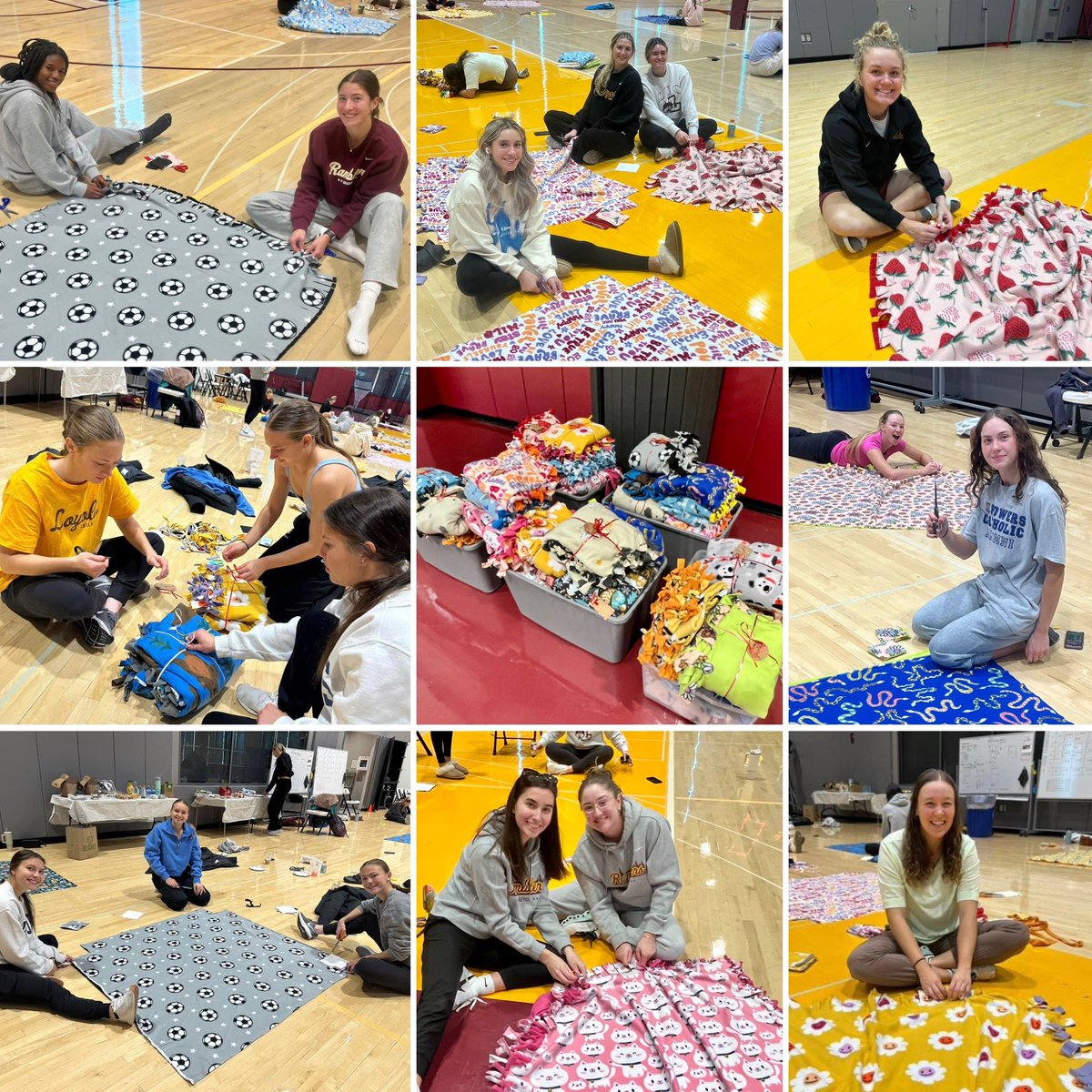 Thanks to Isabella Spindler, @RamblersGolf spent the morning giving back to the community by participating in Bella’s Blankets &amp; Breakfast fundraiser! Along with members of <a href="/RamblersWSOC/">Loyola Women's Soccer</a>, we helped make 70+ blankets to be donated to Advocate Children’s Hospital❤️💛 #GivingSeason