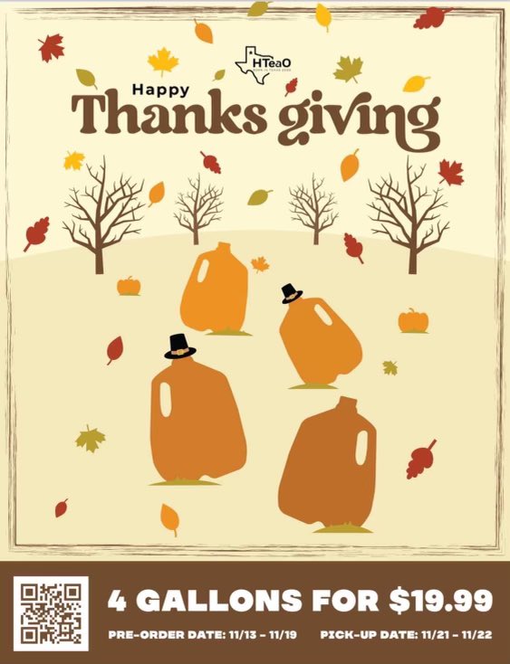 HTeaoNac's tweet photo. 🚨🚨🚨Alert: Last Day 🚨🚨🚨

Today is the last day to pre-order your gallons for Thanksgiving!  

Order today and pick up on Tuesday or Wednesday…4 gallons for only  $19.99

Order in the store or call in 817-803-6772

Be the #HTeaO Hero of Thanksgiving!!💪🥤🧡🦃 https://t.co/aOoVL7jcdT