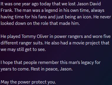 DuwoGaming's tweet photo. It's been 1 year already. As we mourn together today, feel free to take a few moments to reflect with our heartfelt tribute video and some touching words from Dumericuse for the late great Jason David Frank.

https://t.co/tWeED63cch

#JasonDavidFrank #PowerRangers #RIPJason https://t.co/7rnJDlzkz2
