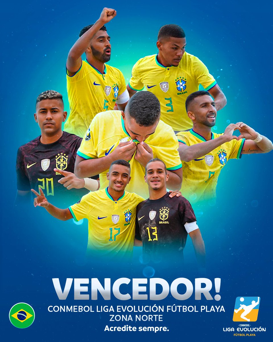 O #Brasil é o vencedor! A <a href="/BrBeachSoccer/">CBSB Oficial</a> 🇧🇷 conquistou a CONMEBOL Liga Evolución Fútbol Playa Zona Norte 2023! 🥇🤩

A Seleção Canarinho venceu todas suas partidas nas categorias Sub20 e profissional. No total, foram 8️⃣ jogos, 8️⃣ vitórias e 4️⃣5️⃣ gols marcados. 🏖️🔝

Parabéns! 🎉