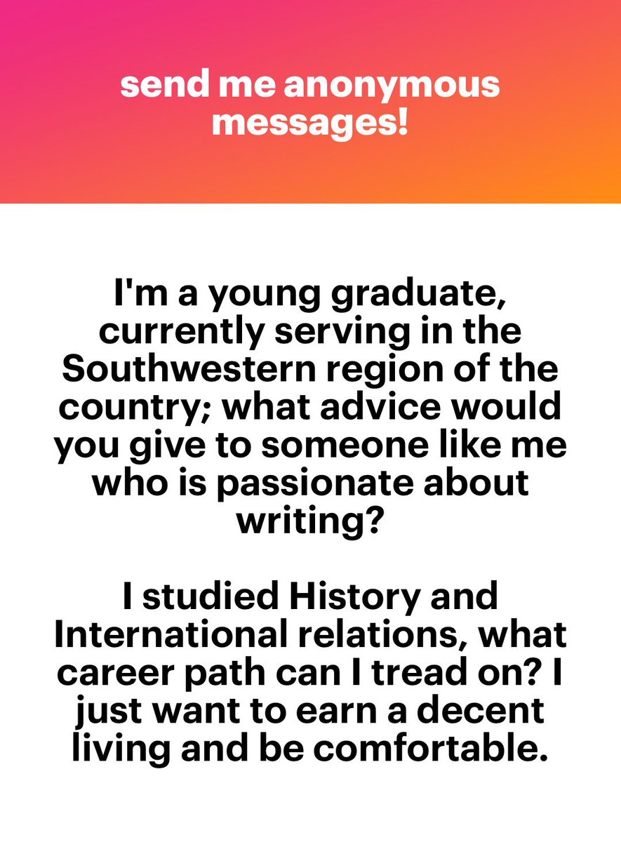 Omojuwa's tweet photo. I’d say to use social media to share your writing. Worked for me several years ago and it still works. As for career path, na to find work first o. Choice of career path appears to me like a privilege when jobs are scarce. Whatever your hands find, do it. Keep honing your writing while at it.