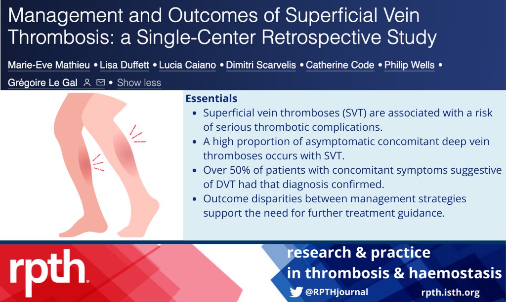 RPTHjournal's tweet photo. In this retrospective analysis of patients diagnosed with superficial vein thrombosis (SVT) Dr. Marie-Eve Mathieu report that over 8.7% had accompanying deep vein thrombosis despite lack of DVT specific symptoms. Read this #RPTHOriginalarticle here: https://t.co/tEXY3OyMOp https://t.co/259KYWO1HH