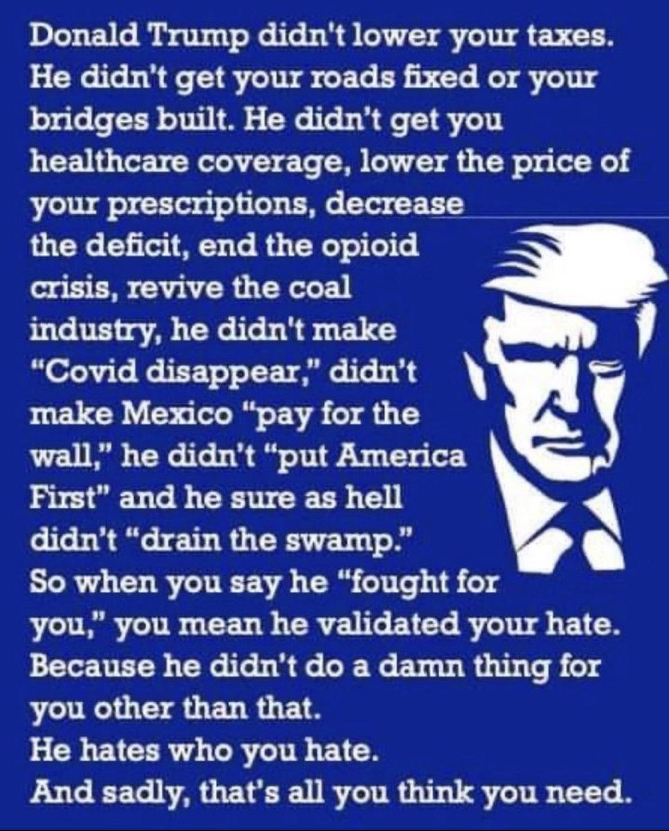 @realDonParody @TrumpDailyPosts What happy last time? 1 million dead from avoiding Covid info, plus no healthcare pla, no infrastructure bill, no wall , higher deficit…