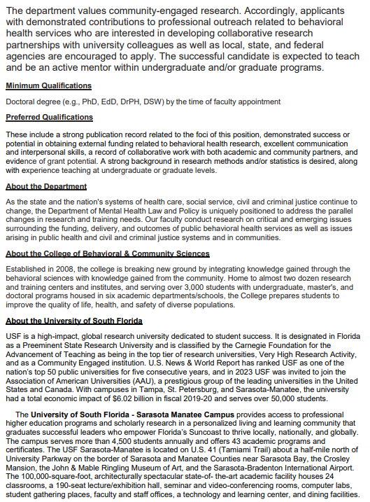 USF Dept. of Mental Health Law & Policy invites apps from candidates to fill a tenure-track AP position to be located on the USF Sarasota Manatee campus.

To apply, go to: usf.edu/work-at-usf/ and search for Job ID #35544. Review of apps begins on 12/4/23.  
#higheredjobs