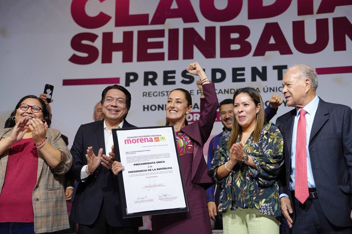 NachoMierV's tweet photo. Hoy nuestra coordinadora @Claudiashein se registró como precandidata única a la presidencia de la República de este gran movimiento que encabeza #Morena junto con nuestros aliados #PT y #PVEM.

Cuenta con nuestro respaldo total para construir el segundo piso de la cuarta transformación y el bienestar de las y los mexicanos.