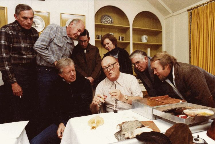 RIP Rosalyn Carter. Photo Nov 1980 at Camp David with “Dean of fly fishing” George Harvey tying flies with Pres. Carter and 2nd from left Interior Sec. Cecil Andrus. As long time fly anglers Carters floated Idaho’s MF Salmon Riv in August 1978. Photo @BSULibrary @AndrusCenter