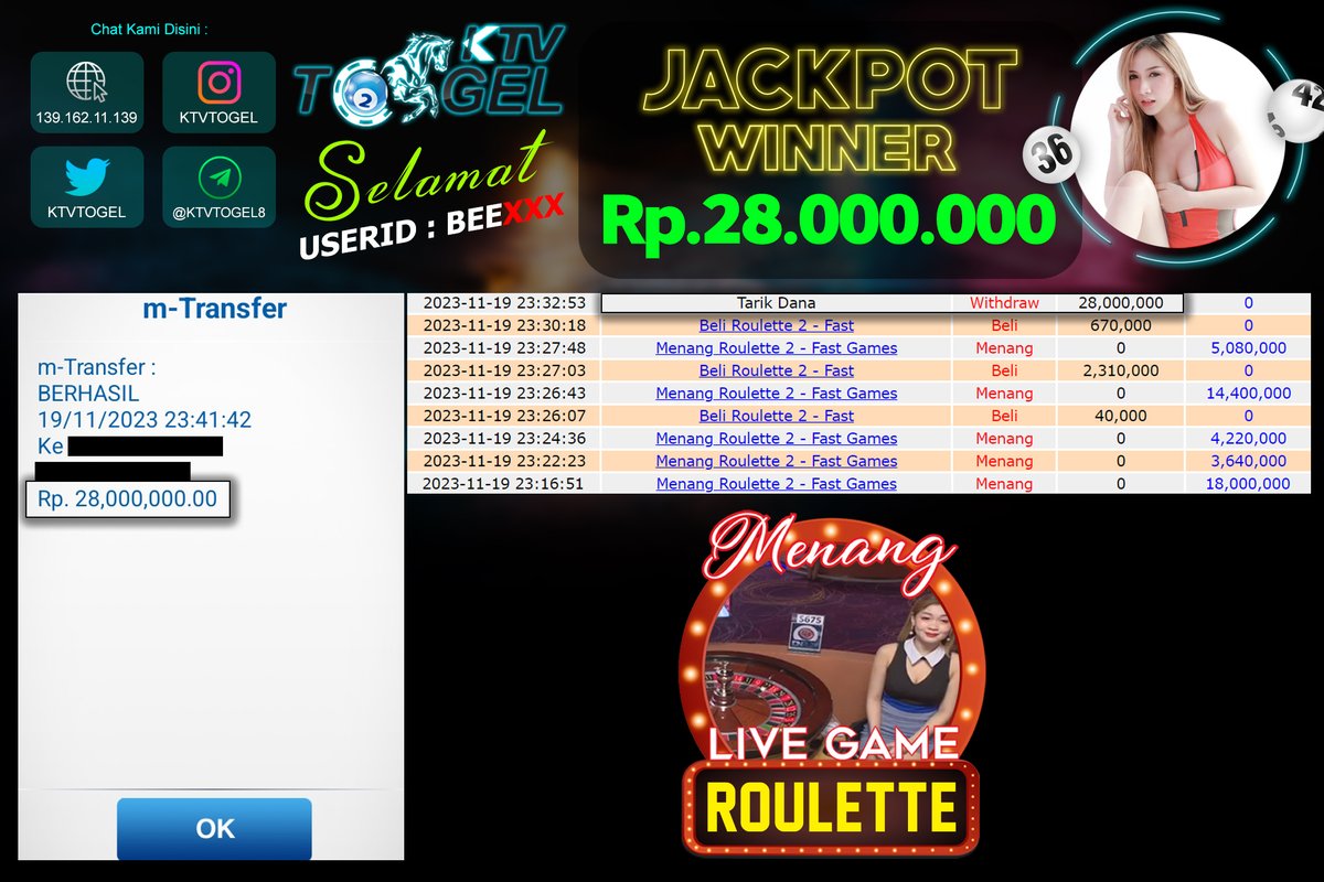 AgenKtv's tweet photo. CAIR JACKPOT !!!  

Congrats untuk KTV Lovers telah menang pada Permainan ROULETTE Sebesar 28 JUTA RUPIAH pada tanggal 19 November 2023  

Ayo Daftar sekarang juga hanya di Situs Terlengkap KTV!! https://t.co/QmNeNaPAZW