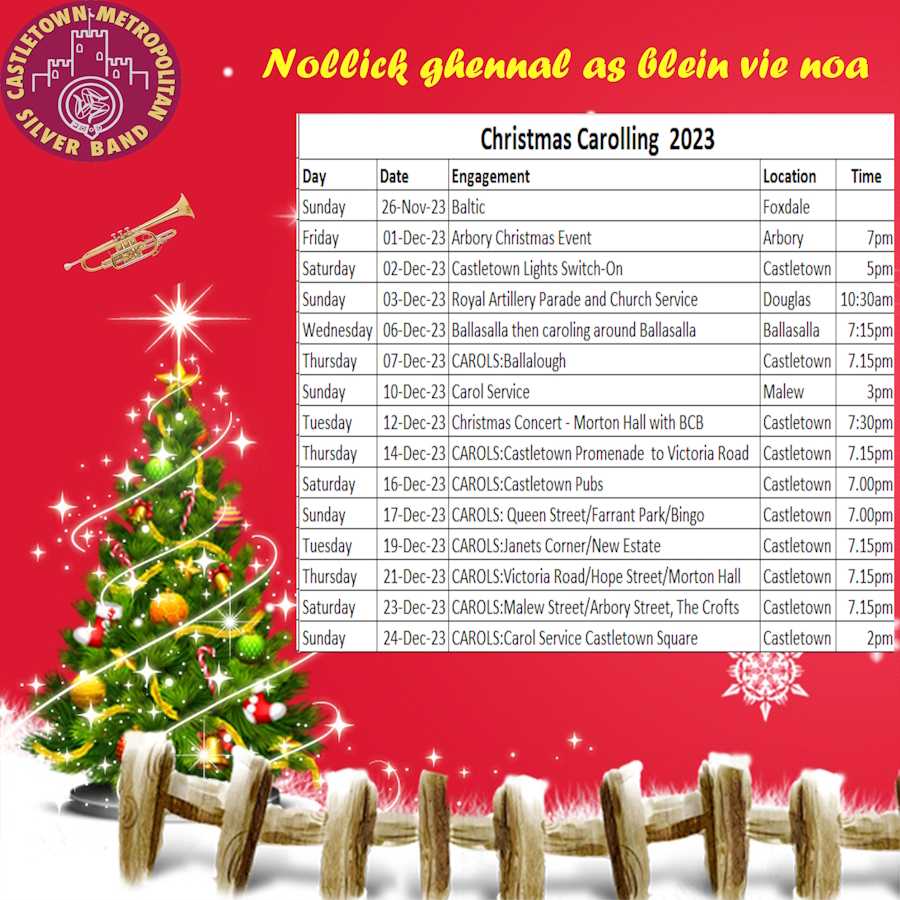 CastletownMet's tweet photo. We are pleased to say our Christmas engagements have now been finalised. See below for our concerts and carolling around the streets of #Castletown.
Please come out to support us. We are looking forward to seeing you all and hearing you sing along! https://t.co/1NevTGcJlG