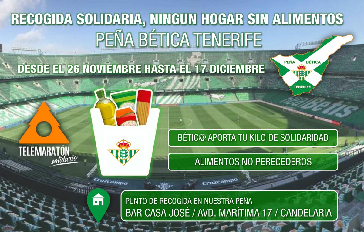 pbeticatenerife's tweet photo. El Beticismo a parte de ser fieles a su equipo, seguirlo por cualquier rincón del mundo y llevarlo por Bandera allá por donde vaya la leyenda que recorre el mundo entero. El Betic@ también colabora como nadie en las necesidades sociales, NINGÚN HOGAR SIN ALIMENTOS. @mirametvcom https://t.co/1tr08YlFHz