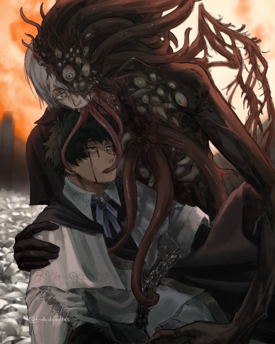 My second piece for <a href="/MHAHorrorBang/">My Horror Academia Bang</a> !
I worked together with <a href="/shoutostan13/">Ice</a> to make some art for a tddk bloodborne AU. Both of them are hunters, but something about Shouto is off, and Midoriya begins to question his sanity more and more…
Her fic will be linked below!