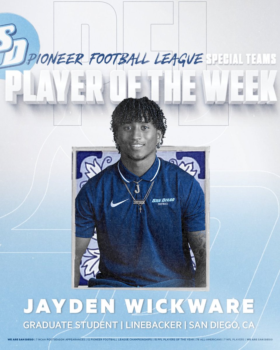 Wickware for the WIN. After wrapping up a big road victory at Stetson by returning an onside kick for a touchdown, @jaydenwickware is your @PFLNews Special Teams Player of the Week! 🗞: bit.ly/40HQDcp #GoToreros