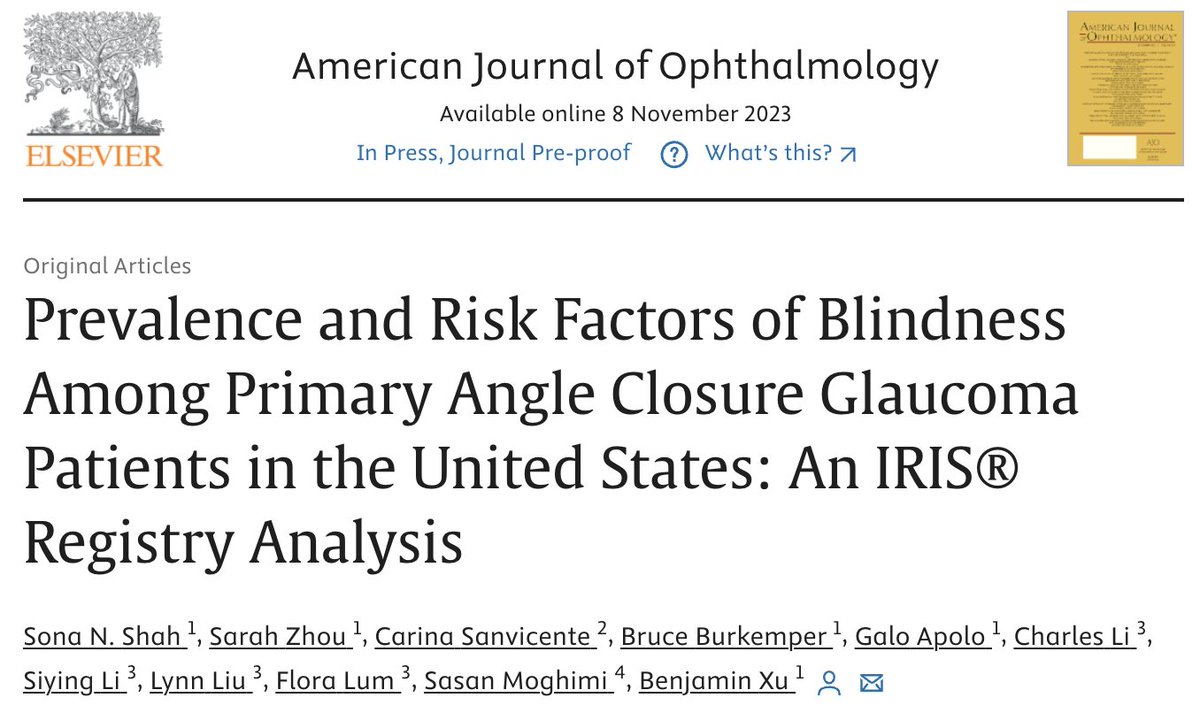 Our recent study in @AJOphthalmology found that 1 out 8 Americans in the @AAO IRIS Registry diagnosed with primary #angleclosure #glaucoma (#PACG) suffered from blindness. Elderly and Black or Latino patients with PACG were at highest risk of blindness. #HealthEquity @USCEye
