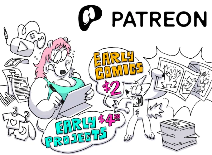 from now on, comics will be posted Over There a week earlier than Over Here, just so i can have a little extra financial support for drawing silly shit about my life!  if you enjoy my comics, please consider joining :D there's some fun extra stuff for higher tiers, too!  🔗⬇️