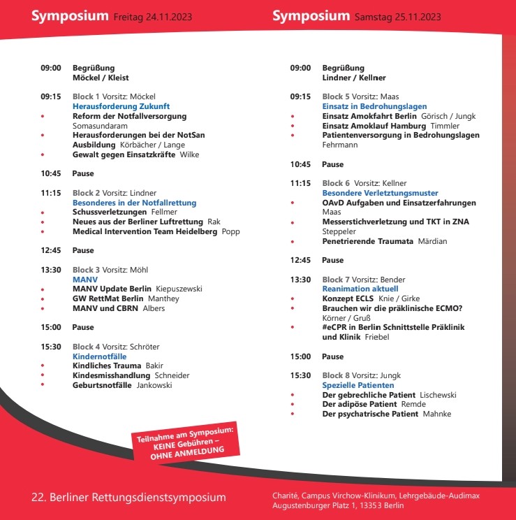 #Berliner_Rettungsdienstsymposium 24./25.11.
Aktuelles Programm
#Rettungsdienst #Notfallmedizin
@Berliner_fw <a href="/ASBinBerlin/">ASBinBerlin</a> <a href="/drkzentrum/">DRK Kreisverband Berlin-Zentrum e.V.</a> <a href="/drk_berlin/">DRK Berlin</a> <a href="/JUHBerlin/">Johanniter Berlin</a> <a href="/malteserberlin/">Malteser Berlin</a> <a href="/DLRG_Berlin/">DLRG LV Berlin e.V.</a>  <a href="/SanDstBw/">Sanitätsdienst der Bundeswehr</a> <a href="/DBRDeV/">Deutscher Berufsverband Rettungsdienst e.V. (DBRD)</a> <a href="/BerlinBB_Dfeug/">DFeuG Berlin Brandenburg</a>  @ASB_BLN_NW <a href="/Reporter_Flash/">Axel Lier ✏️</a> <a href="/BZ_NachtFloh/">Nacht Floh</a> <a href="/Polreporterin/">Polizeireporterin</a>