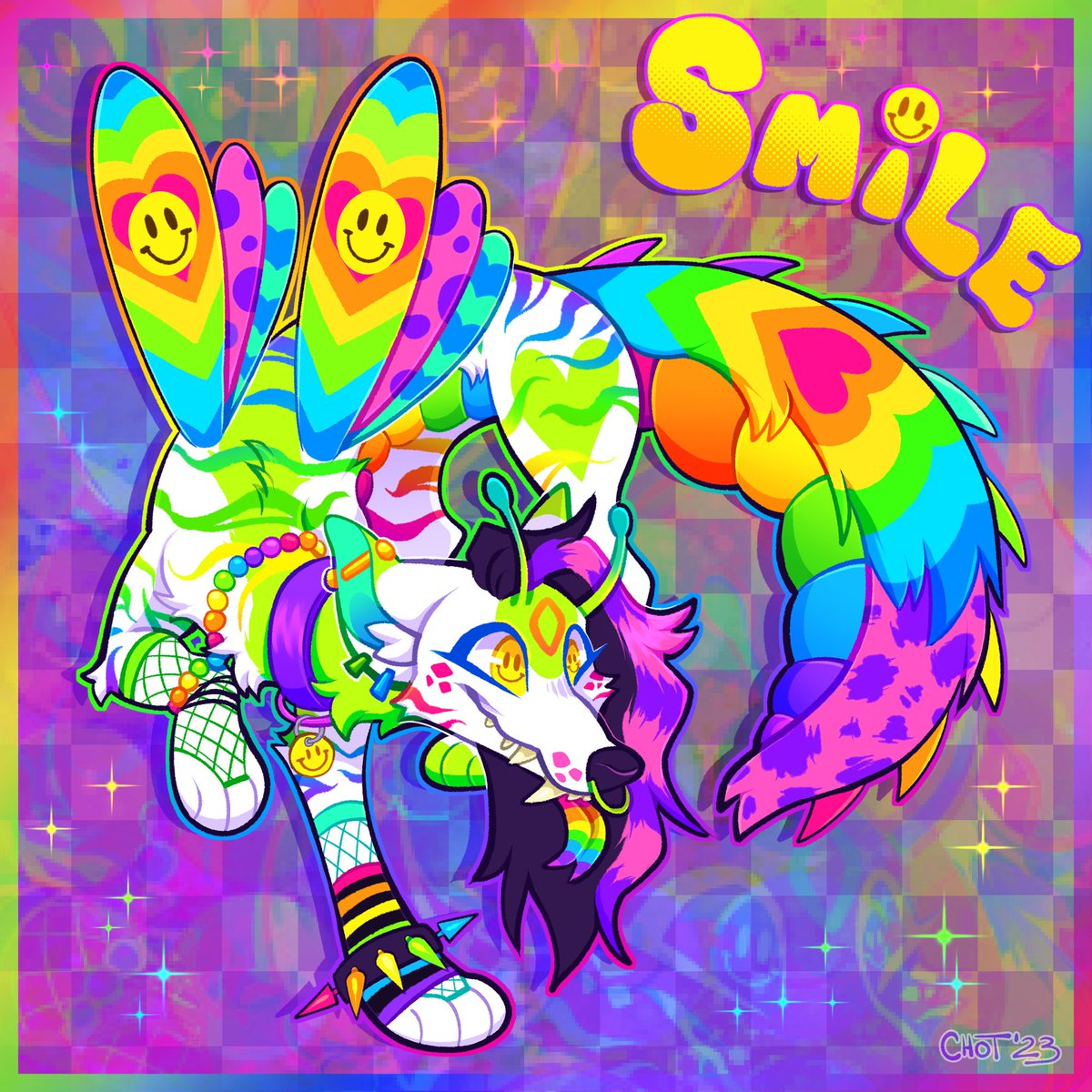 Say hello to Dizzy!! 
🌈💖🙂
She's a wolf/praying mantis hybrid sparkledog!
She loves to make friends and her special interest is smiley faces!