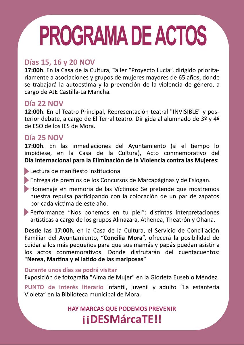 cmujermora's tweet photo. Os esperamos en el Acto Institucional del sábado 25 a las 17'00 en la Glorieta para poder mostrar nuestra indiscutible condena y repulsa contra cualquier #violenciamachista. Porque hay marcas que podemos prevenir. https://t.co/tkgbxBNUNV