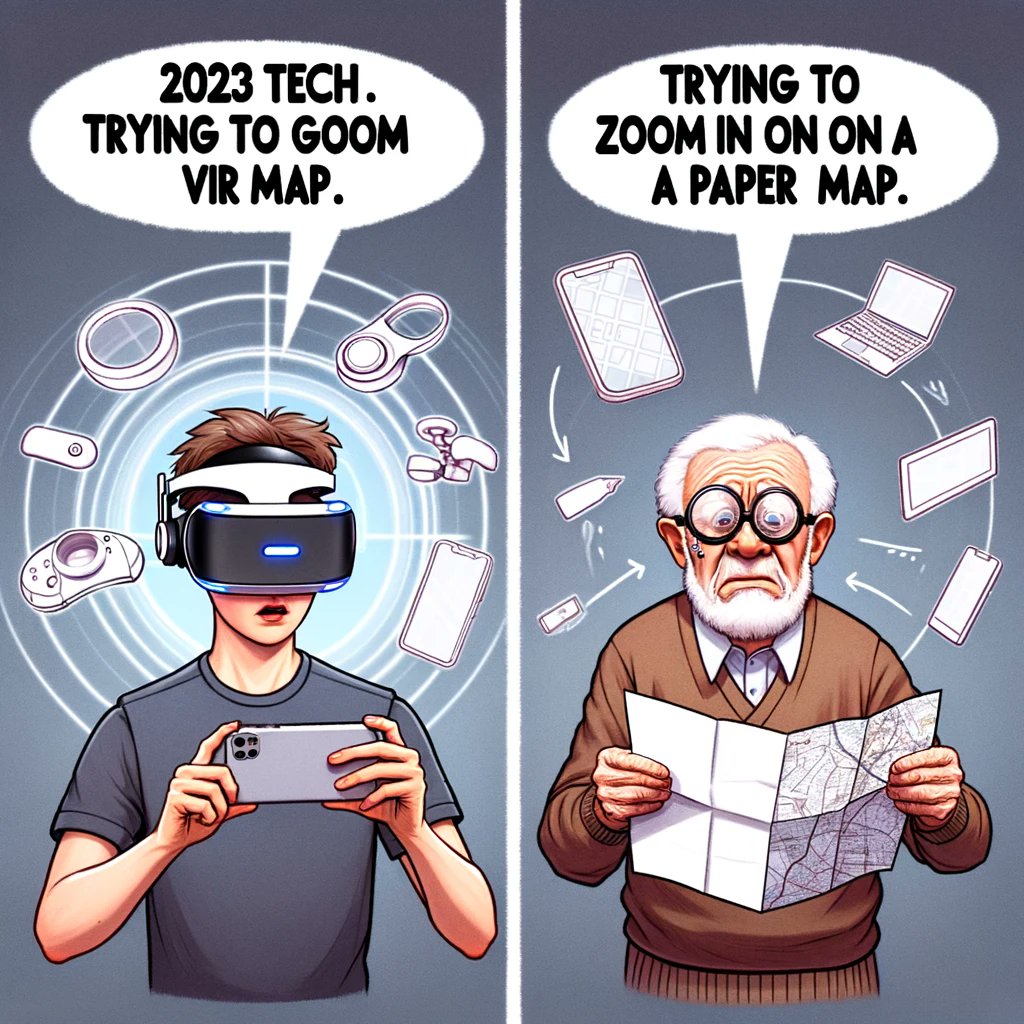 Zooming into the weekend like... 🧐🗺️ Just don't ask grandpa for directions in VR! #TechTroubles #GenerationalGap #MapVsApp #VRorBust #ThrowbackTech