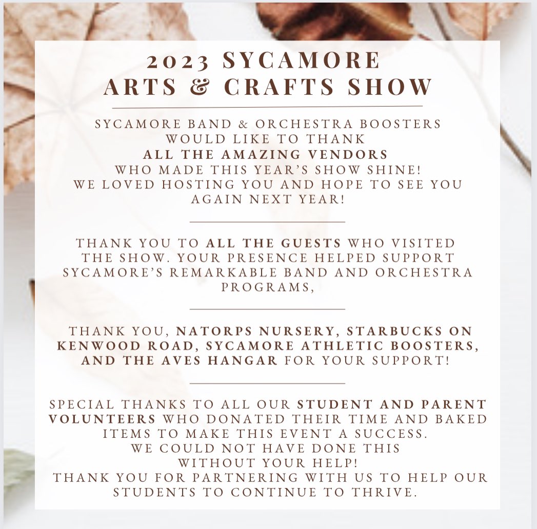 2023 SYCAMORE ARTS &amp; CRAFTS SHOW wrapped up yesterday at 4pm. 

We extend our special gratitude to all the vendors, guests, &amp; supporters! 

Most importantly, SBOB is thankful to all the STUDENT &amp; PARENT VOLUNTEERS who made this event possible! We could not have done it w/o you!