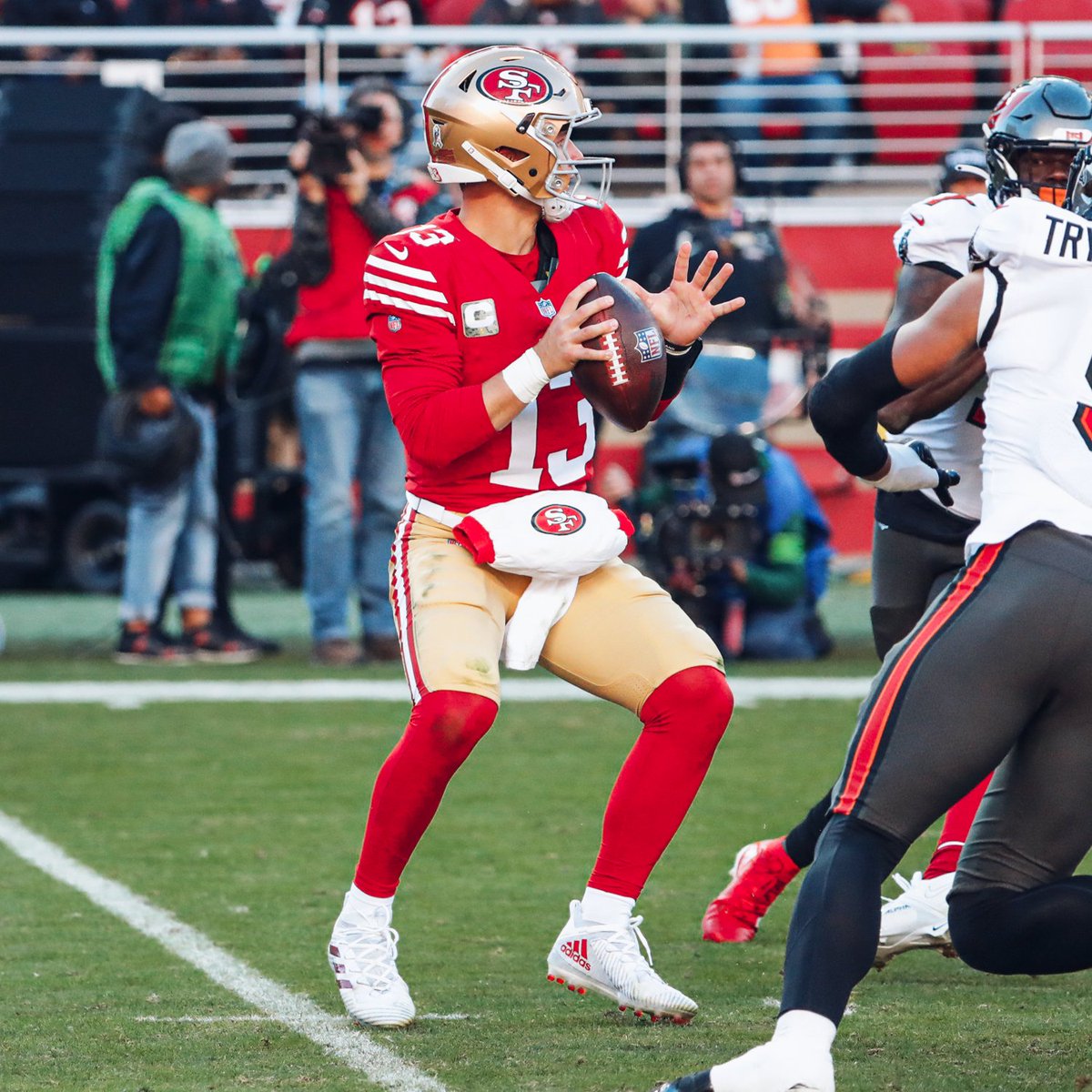 49ers's tweet photo. Brock to BA for the longest TD pass in the @NFL this season 🔥

#FTTB https://t.co/w887MVQGln