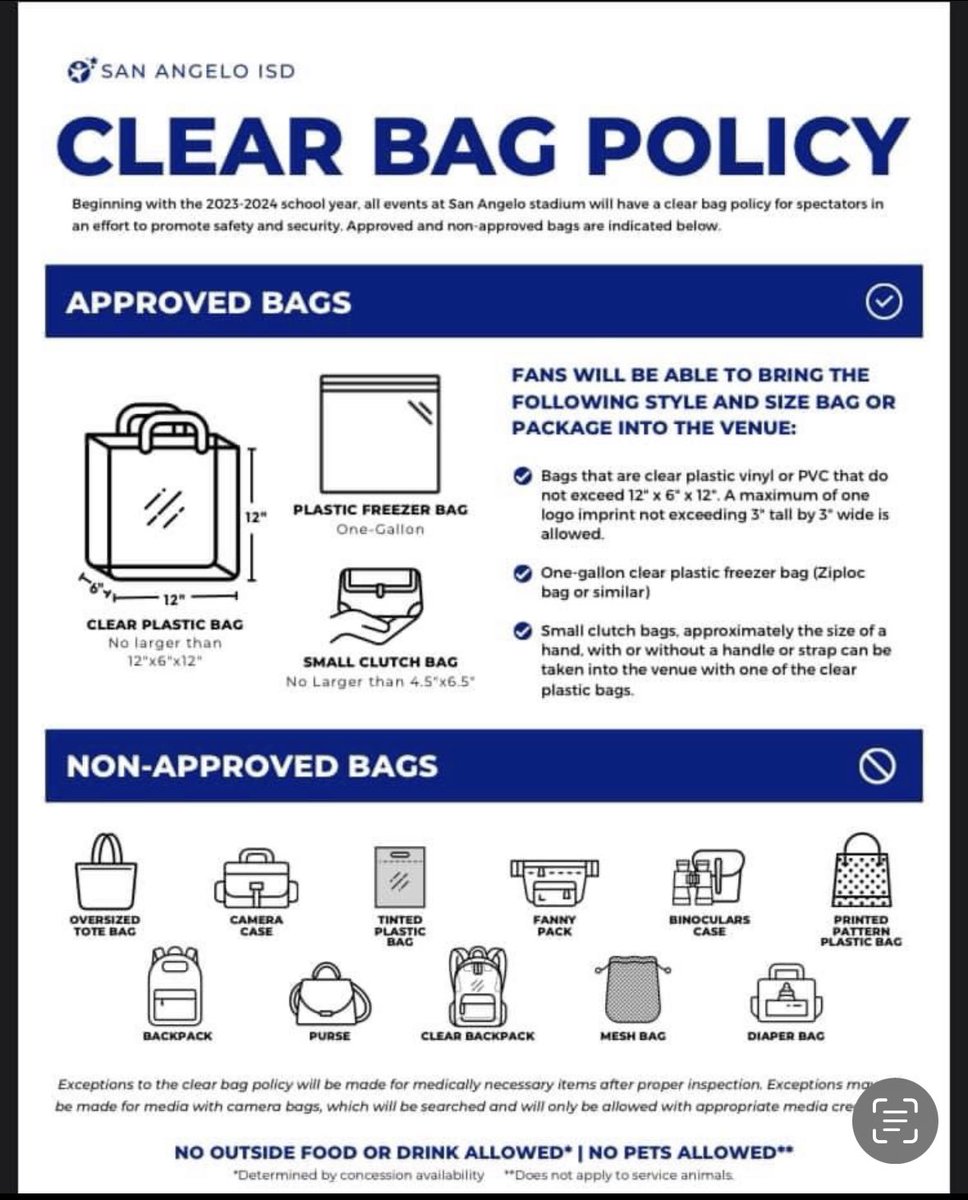 #Sonora Broncos @ Hawley Bearcats playoff game information: if you are coming to playoff game Friday night, this is the Clear Bag Policy at San Angelo Stadium. Thank you Angie. ⁦<a href="/coachbweston/">Coach Blake Weston</a>⁩ ⁦<a href="/MrChonch/">Edgar Deluna</a>⁩ ⁦<a href="/jaimebuitron12/">jaimebuitron12</a>⁩ Please Spread the word