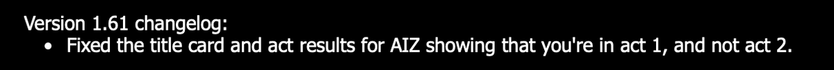 cloudius_i's tweet photo. Quick update from yesterday. There was an issue with the option for the Origins background in AIZ Act 2 not showing the correct graphics. Instead, it would show the Act 1 graphics. This new patch should fix that. Sorry about that.
https://t.co/HFMGaHYBcT https://t.co/88C6qL6xVp
