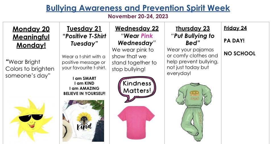 StBernardDPCDSB's tweet photo. 🐻 This week, students are invited to participate in Bullying Awareness and Prevention Spirit Week. Let’s do our part to spread positivity and kindness to one another! https://t.co/5cUcRX1tgR