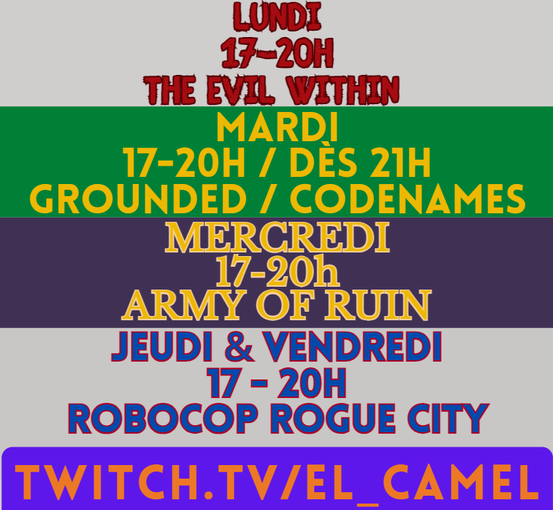 Senior_Camel's tweet photo. Oyez Viewers / Vieweuses 🎩
Le Planning apparaît des tréfonds de Detroit City ( sous réserve de modification ) 🗓️
📺https://t.co/bmizqkxEi0
#twitchfr #twitchstreamer #twitchaffiliate #thisweekonstream #comeandenjoy #TheEvilWithin #grounded #ArmyOfRuin #RobocopRogueCity https://t.co/MYYVPEEalM