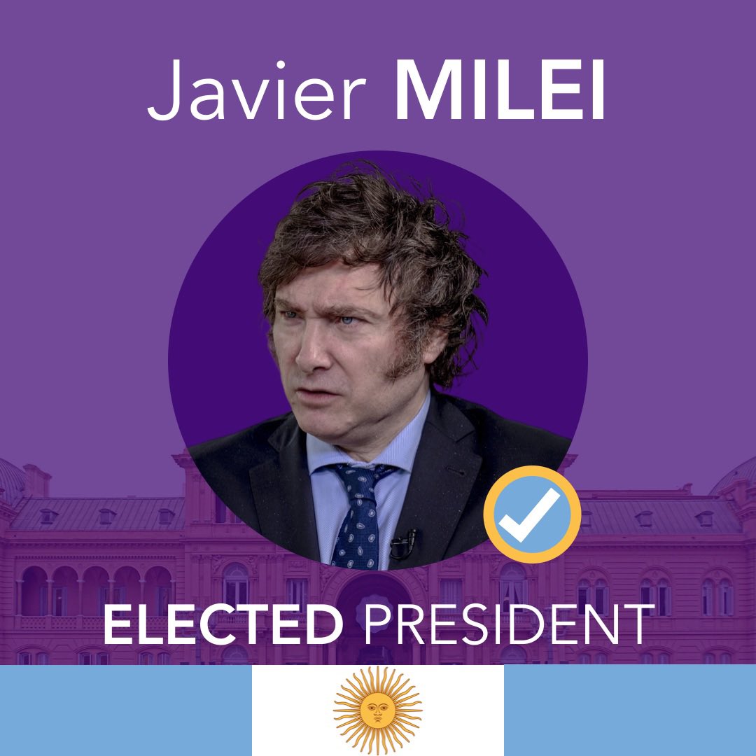 _Reaganite_'s tweet photo. 🇦🇷 ARGENTINA: 2023 RUNOFF

✅ PROJECTION: RIGHT-WING LIBERTARIAN CANDIDATE JAVIER MILEI HAS BEEN ELECTED PRESIDENT OF ARGENTINA. https://t.co/LAfXbfn89G