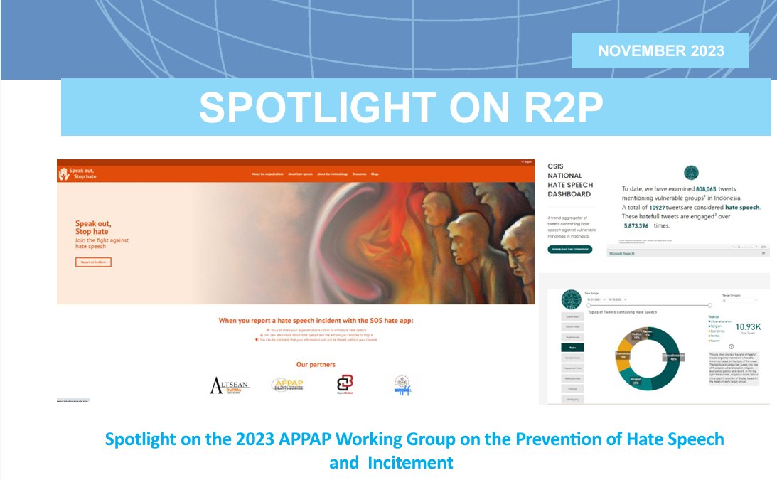 <a href="/APPAPrevention/">Asia Pacific Partnership for Atrocity Prevention</a> Working Group-Prevention of Hate Speech and Incitement activities
💬Hate Speech Legislation in the Asia Pacific: A Compendium
📱Hate Speech Reporting App
👩‍🏫3rd iteration Hate Speech and Disinformation Training, Bandung 🇮🇩 with UN SA R2P 
r2pasiapacific.org/files/11604/20…