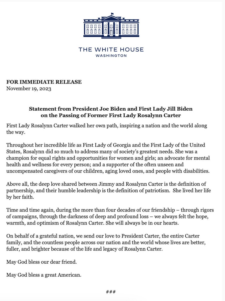 INBOX: Statement from @POTUS @JoeBiden and @FLOTUS @DrBiden on the Passing of Former First Lady Rosalynn Carter