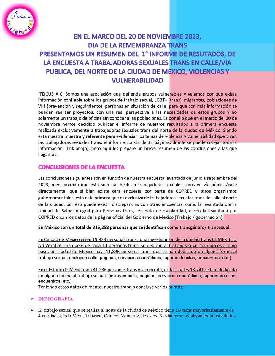 Teicus_Ac's tweet image. En el marco del dia de la #remembranzatrans les presento este informe de la encuesta a #trabajadoras #sexuales #trans, violencias y vulnerabilidades, este es un micro resumen, para ver completo da clic en la liga, 32 páginas de reporte y estadísticas.
drive.google.com/file/d/1fwm1B-…