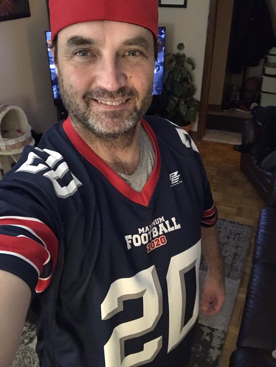 KevinStasila's tweet image. Wanting to wear team colours for the #GreyCup2023 , but I don’t have any @MTLAlouettes gear.

But I do have this #MaximumFootball jersey from when I worked for @CanuckGS on the game.

So okay, tonight it’s a Montreal jersey. Let’s Geaux Alouettes!