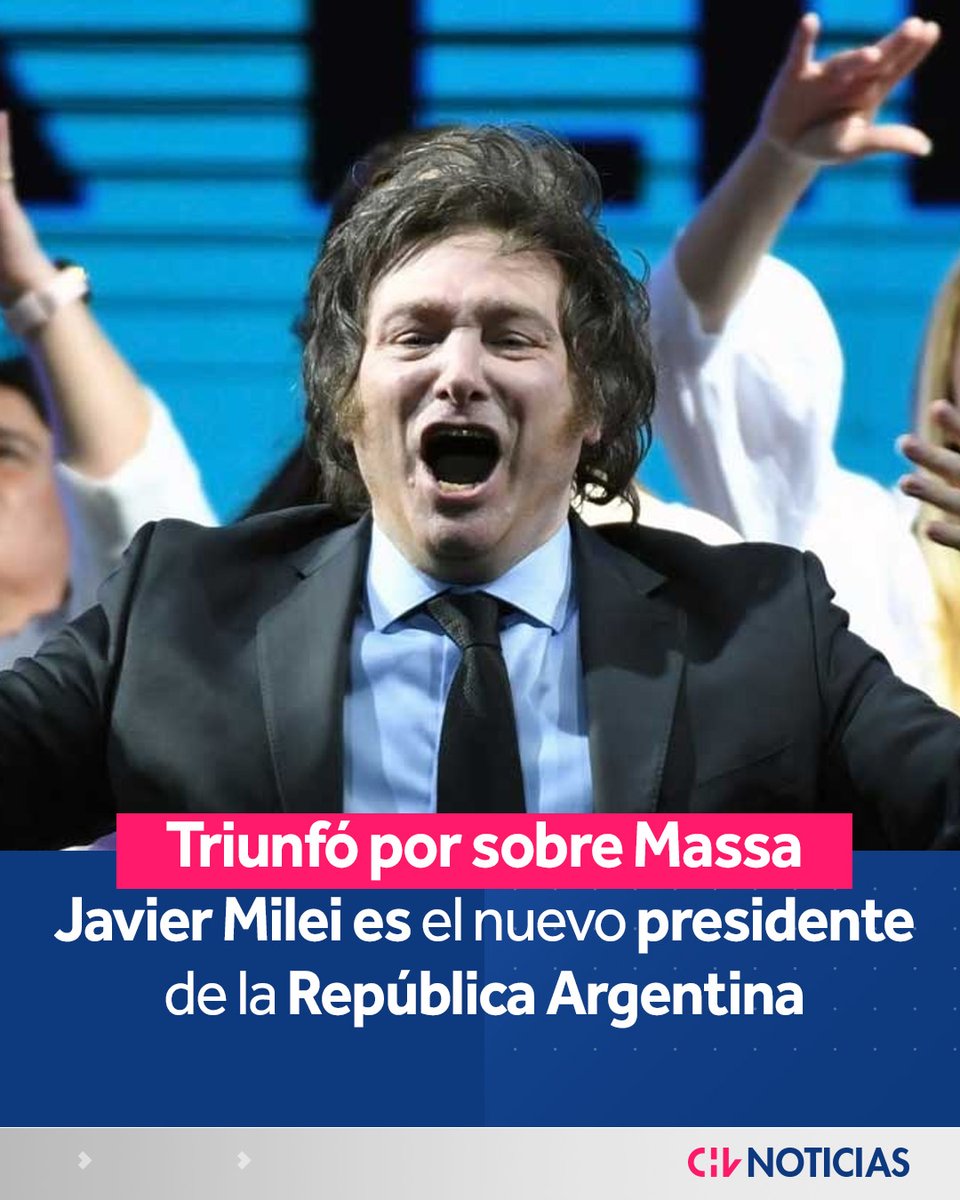 🔴ARGENTINA ELIGIÓ A MILEI

👉 Javier Milei, representante del partido Libertad Avanza, triunfó en las elecciones presidenciales y se convirtió en el nuevo mandatario de la República Argentina.

Por otro lado, el candidato Sergio Massa entregó declaraciones posterior al cierre de