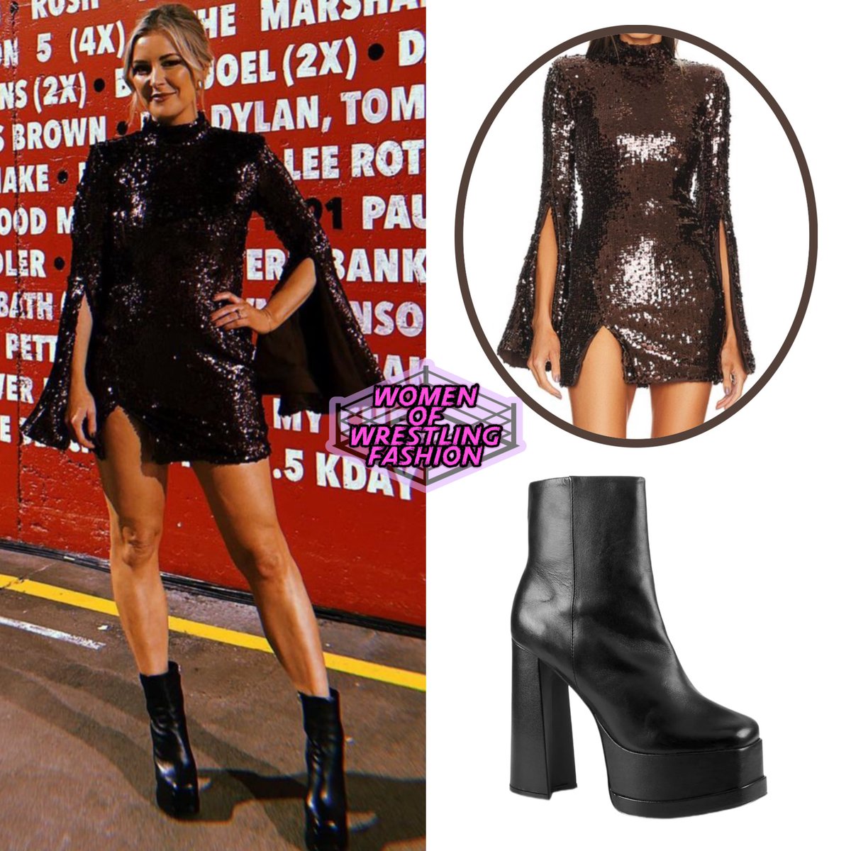 For #AEWFullGear, @ReneePaquette wore the Mr. Gibson Mini Dress in Brown  from @mikecostello x #Revolve ($258) & Selene Leather Platform Boots from  #Schutz (sold out)