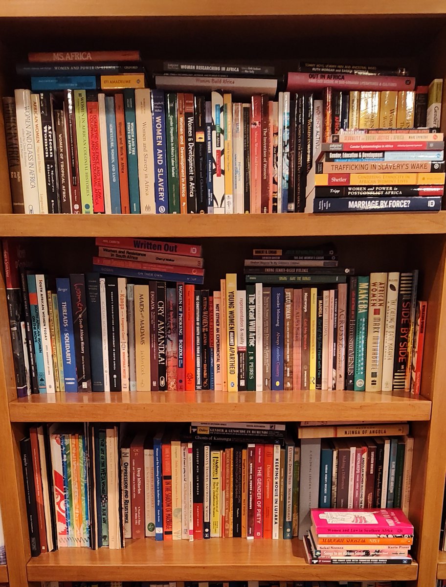A few of my many shelves of books on African women - where to begin with so many wonderful sources on the topic? My book, *African Women: Early History to the 21st Century*, is an excellent overview, give it a try!