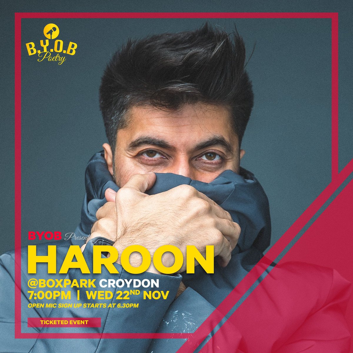 ByobPoetry's tweet photo. @harooncreates headlines this Wednesday at @boxparkcroydon!

Get your tickets for our last South London event this year - https://t.co/EIfzYlw3Bf

#spokenword #spokenwordpoetry #poetry #openmic #byobpoetry #byobpoetrySouth #poetrycommunity #poetrylondon #spokenwordcommunity https://t.co/DCeUOPwx6Z