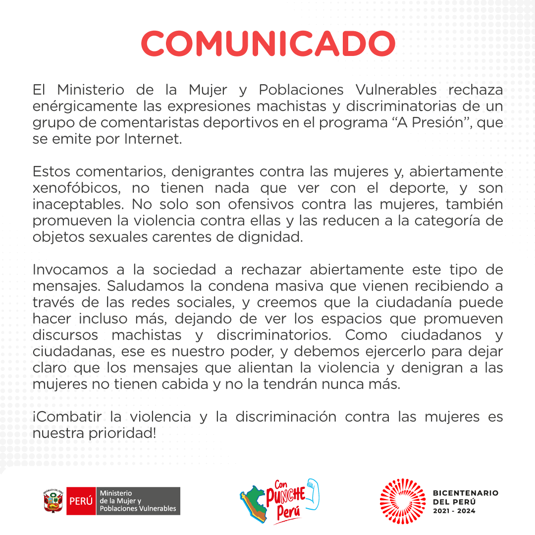 MimpPeru's tweet photo. #MIMPinforma | Ministerio de la Mujer y Poblaciones Vulnerables rechaza enérgicamente las expresiones machistas y discriminatorias de un grupo de comentaristas deportivos en el programa “A Presión”, que se emite por Internet. ⤵️ https://t.co/r621yOm9BY