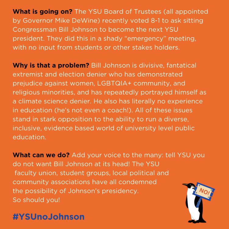 idorapark's tweet photo. In a fake emergency vote by the DeWine appointed trustees of the university @youngstownstate offered insurrectionist climate science denier anti-civil rights blowhard Bill Johnson the uni presidency. Good people, please step up to help us demand they rescind and reopen the search https://t.co/haI4eitJMA