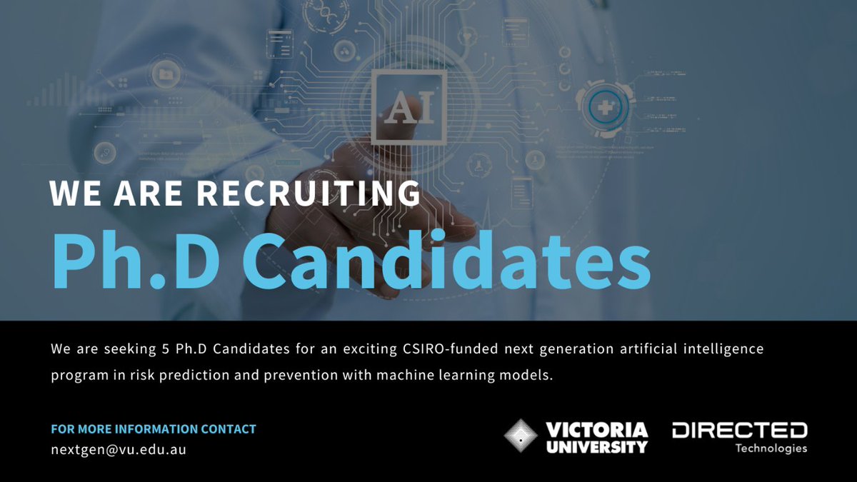 SEEKING: 5 Ph.D. Candidates for CSIRO-funded Next Gen AI Program in health and transport with VU &amp; Directed Technologies.

Successful candidates receive: $40,500p.a stipend, 9 weeks of training at CSIRO, $5k for extra training, $5k for travel. 

Email nextgen@vu.edu.au for info