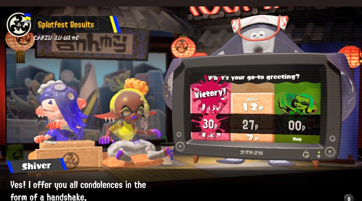 dizzle_sizzle's tweet photo. What. The. Fuck. I’m lowkey disappointed, Frye still is yet to win a splatfest, it’s whatever, but I’m glad she was in the lead for a good while. (poor big man lmao😭) #splatfest #teamhandshake #shiver #frye #bigman #deepcut #Splatoon3 https://t.co/jJKPW8tYsJ
