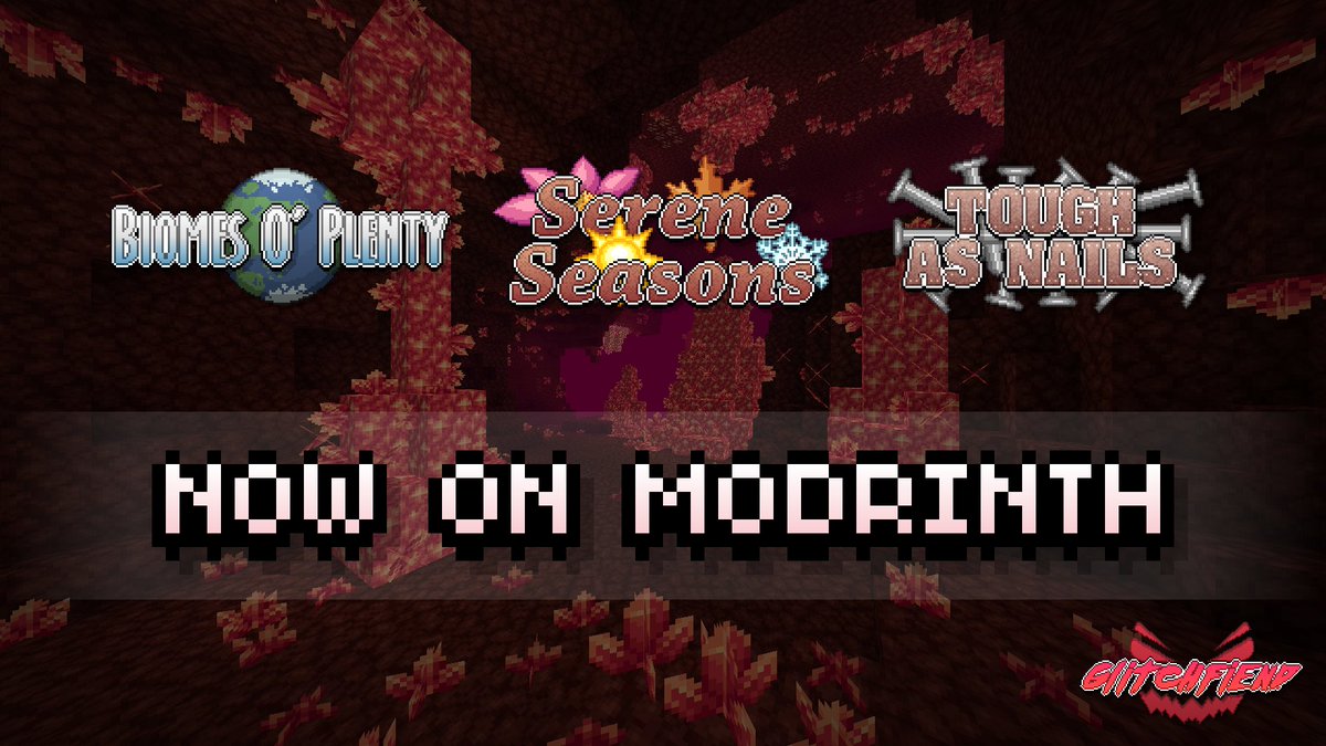 Our mods are now available on <a href="/modrinth/">Modrinth</a>!  All existing builds are available to download, and new builds will be automatically uploaded as they are released.

Biomes O' Plenty: modrinth.com/mod/biomes-o-p…
Serene Seasons: modrinth.com/mod/serene-sea…
Tough As Nails: modrinth.com/mod/tough-as-n…