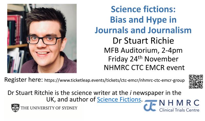 Anna Lene Seidler (she/her) (@leneseidler) on Twitter photo So excited to host <a href="/StuartJRitchie/">Stuart Ritchie 🇺🇦</a> visiting all the way from the UK at this fantastic event next Friday!
1 hour of talk and questions, 1 hour of afternoon tea and mingling!
Secure your spot now (see below)!
<a href="/KristyRobledo/">Kristy Robledo</a>
<a href="/aimos_inc/">AIMOS</a> <a href="/TrialsCentre/">NHMRC CTC</a> <a href="/sydFMH_EMCR/">Sydney Health EMCR</a> <a href="/Sydney_Uni/">University of Sydney</a> So excited to host <a href="/StuartJRitchie/">Stuart Ritchie 🇺🇦</a> visiting all the way from the UK at this fantastic event next Friday!
1 hour of talk and questions, 1 hour of afternoon tea and mingling!
Secure your spot now (see below)!
<a href="/KristyRobledo/">Kristy Robledo</a>
<a href="/aimos_inc/">AIMOS</a> <a href="/TrialsCentre/">NHMRC CTC</a> <a href="/sydFMH_EMCR/">Sydney Health EMCR</a> <a href="/Sydney_Uni/">University of Sydney</a>