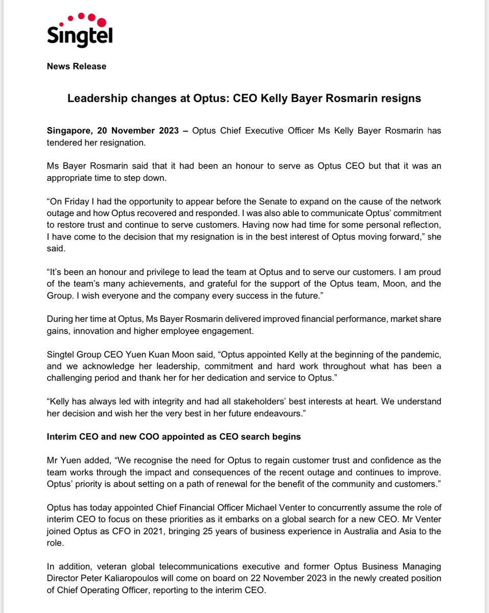 MattDoran91's tweet photo. #BREAKING Kelly Bayer Rosmarin resigns as CEO of Optus, following the network’s massive outage almost a fortnight ago. 

“Having now had time for some personal reflection, I have come to the decision that my resignation is in the best interest of Optus moving forward.” @abcnews https://t.co/Dr1xjaNZol