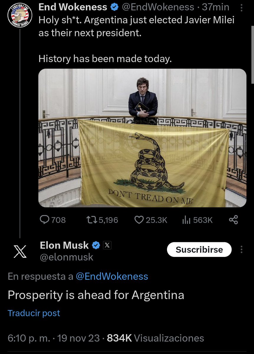 Elon Musk contento con la victoria de Milei: "La prosperidad se avecina a Argentina".