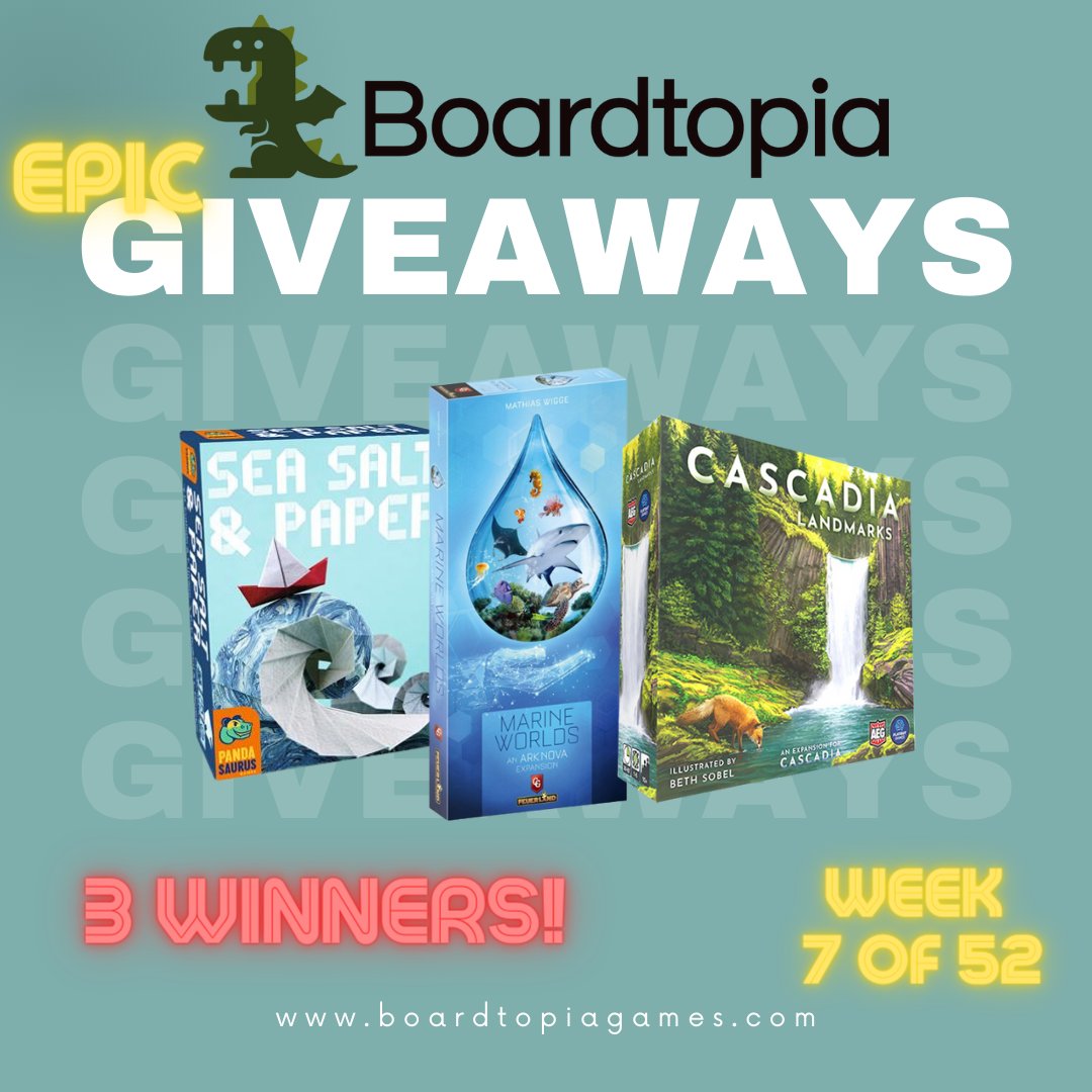 Visit @Boardtopia - Free Shipping $85+,  Support Non-Profit "Board Games for the Better" with every purchase!

Enter below for a chance to win a copy of Sea Salt &amp; Pepper, Ark Nova: Marine Worlds, Cascadia: Landmarks. There will be 3 winners this week!

boardtopiagames.com/pages/boardtop…