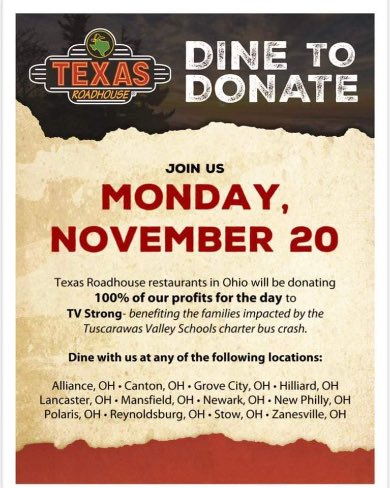 Please consider eating out on Monday, Nov. 20 to support our friends in the Tusky Valley Band.